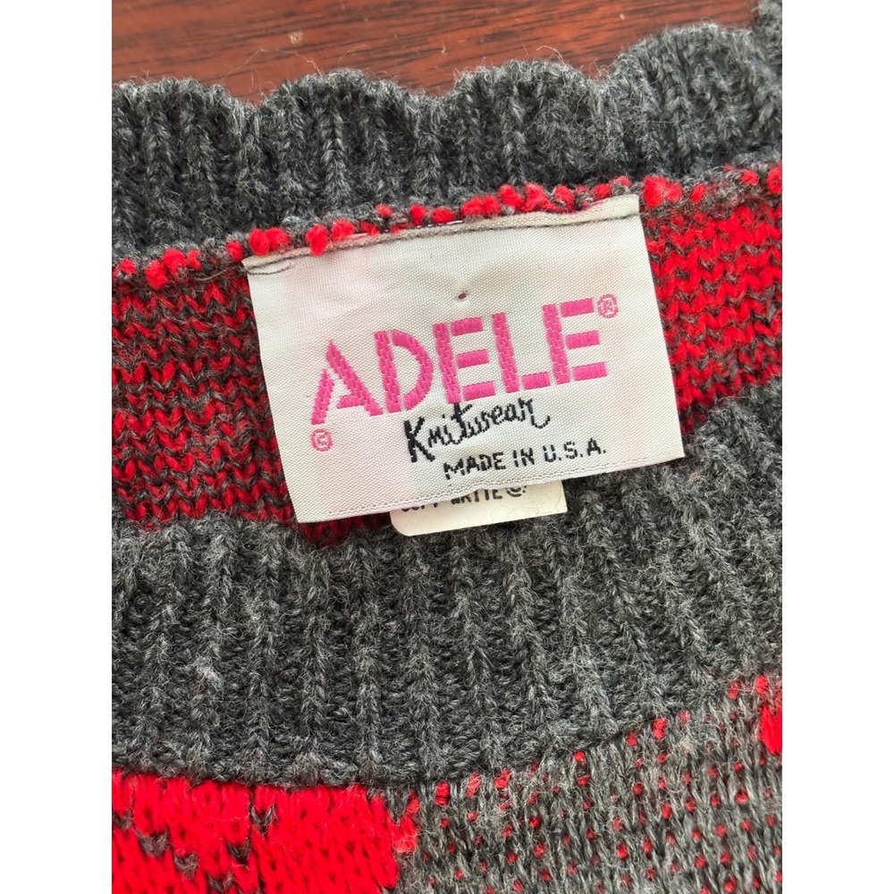 Adele Womens‎ Vintage 80s Argyle Heart Sweater Red Gray M Retro Crew Neck - Picture 3 of 7